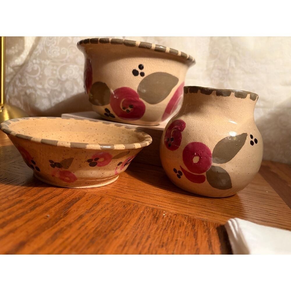 Artist Signed 'Berk' Studio Pottery Set -Hand Painted Blue & Red Stoneware‎